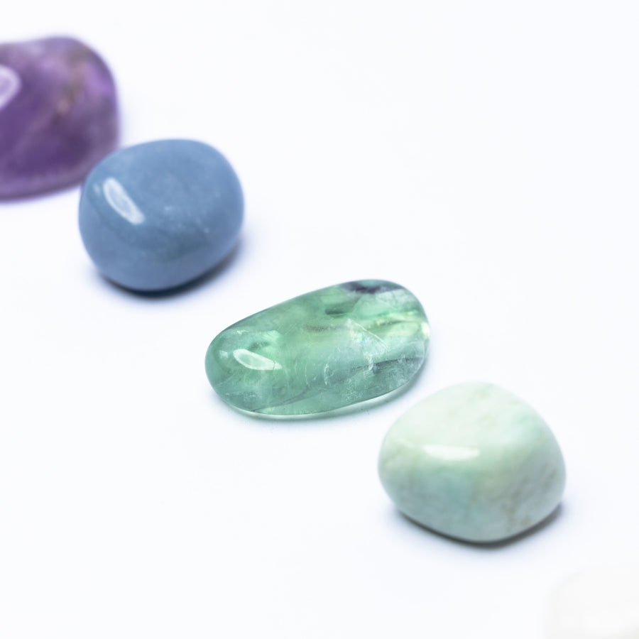 A soothing crystal bundle featuring Angelite, Green Fluorite and Amazonite